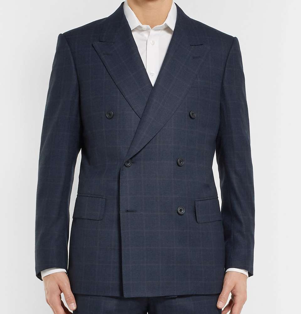 Navy Double-Breasted Prince of Wales Checked Wool Jacket