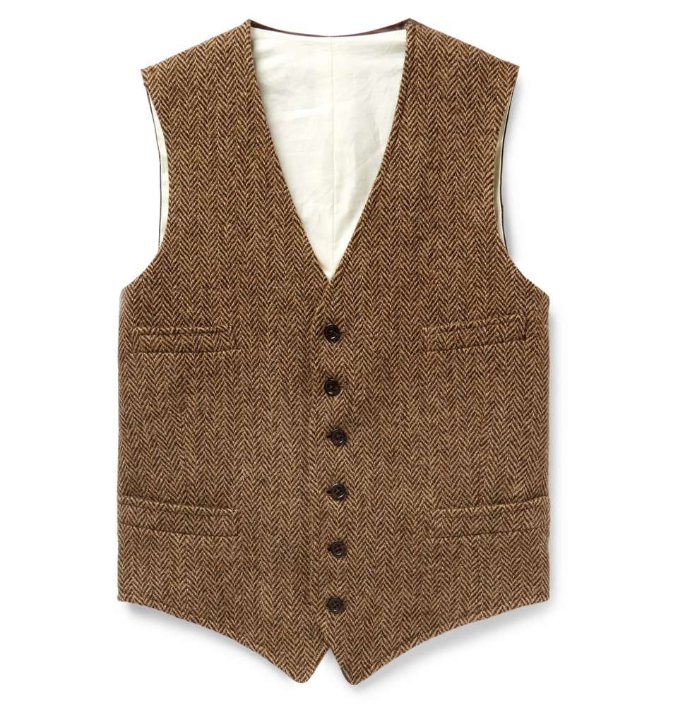 Tan Herringbone Wool and Satin Waistcoat
