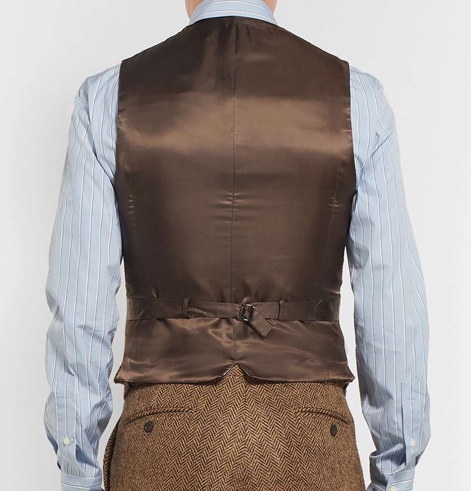 Tan Herringbone Wool and Satin Waistcoat