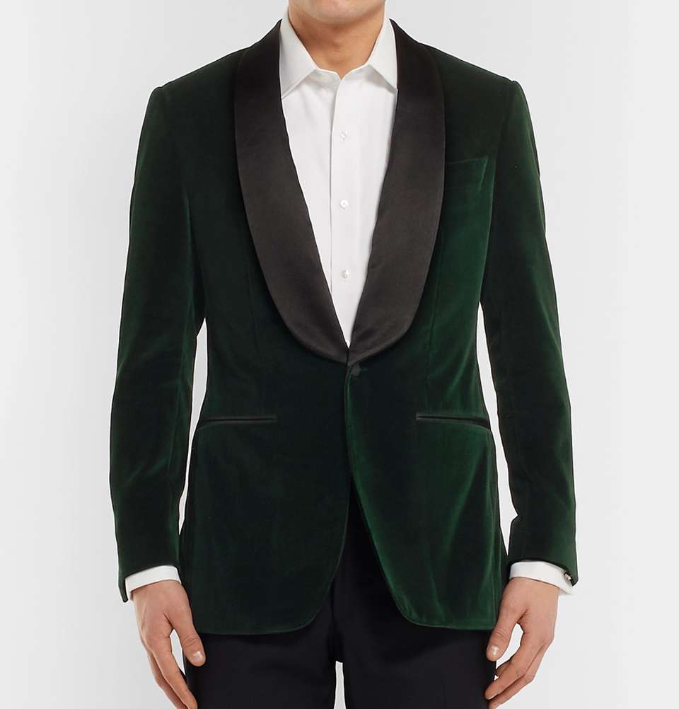 Dark-Green Slim-Fit Satin-Trimmed Cotton-Velvet Tuxedo Jacket