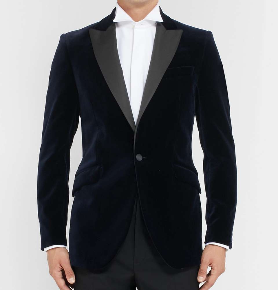 Navy Slim-Fit Grosgrain-Trimmed Cotton-Velvet Tuxedo Jacket