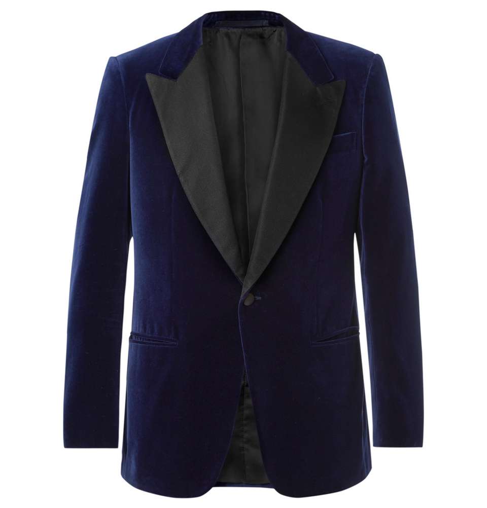 Navy Slim-Fit Satin-Trimmed Cotton-Velvet Tuxedo Jacket