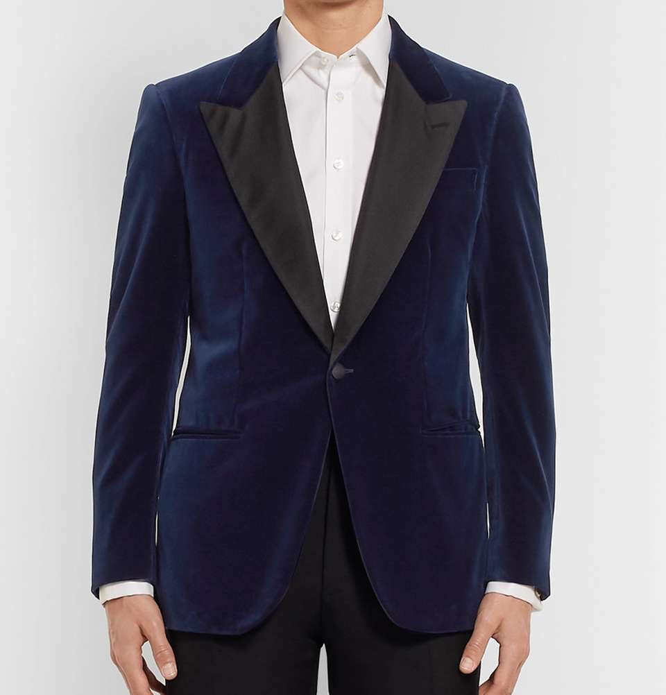 Navy Slim-Fit Satin-Trimmed Cotton-Velvet Tuxedo Jacket