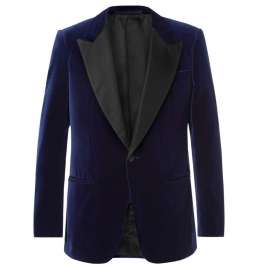 Navy Slim-Fit Satin-Trimmed Cotton-Velvet Tuxedo Jacket
